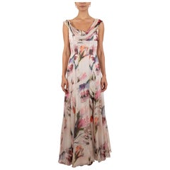1990S Pink & White Floral Silk Chiffon Gown