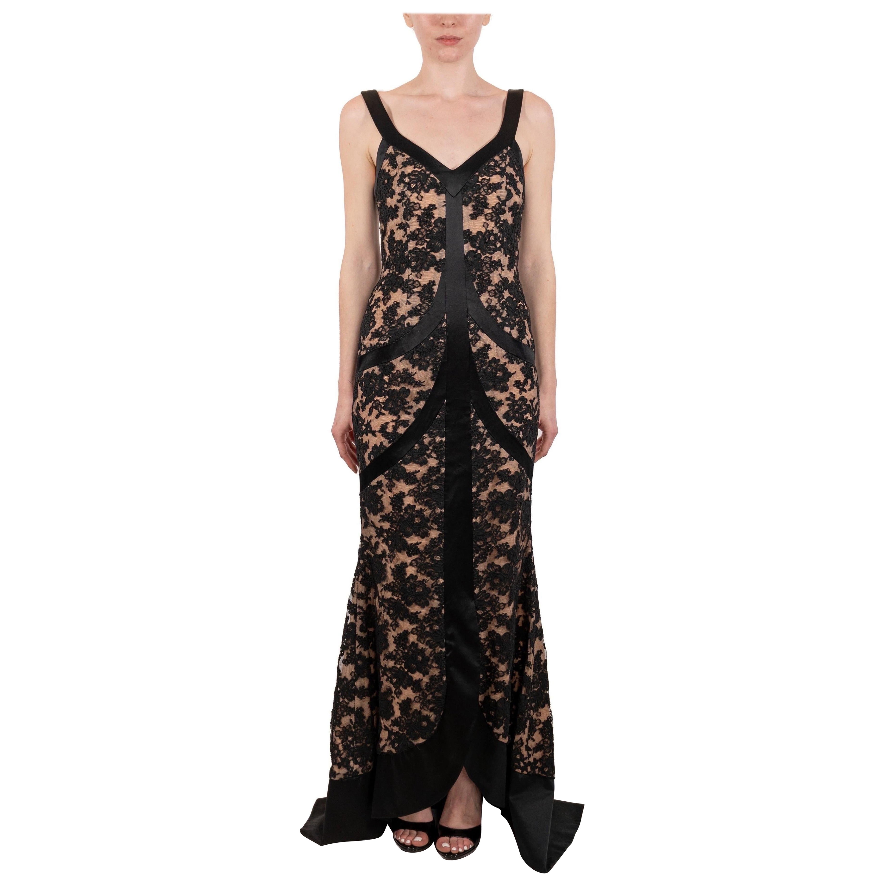 1990S Black Silk & Rayon Satin Lace Gown With Train For Sale
