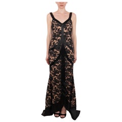 1990S Black Silk & Rayon Satin Lace Gown With Train