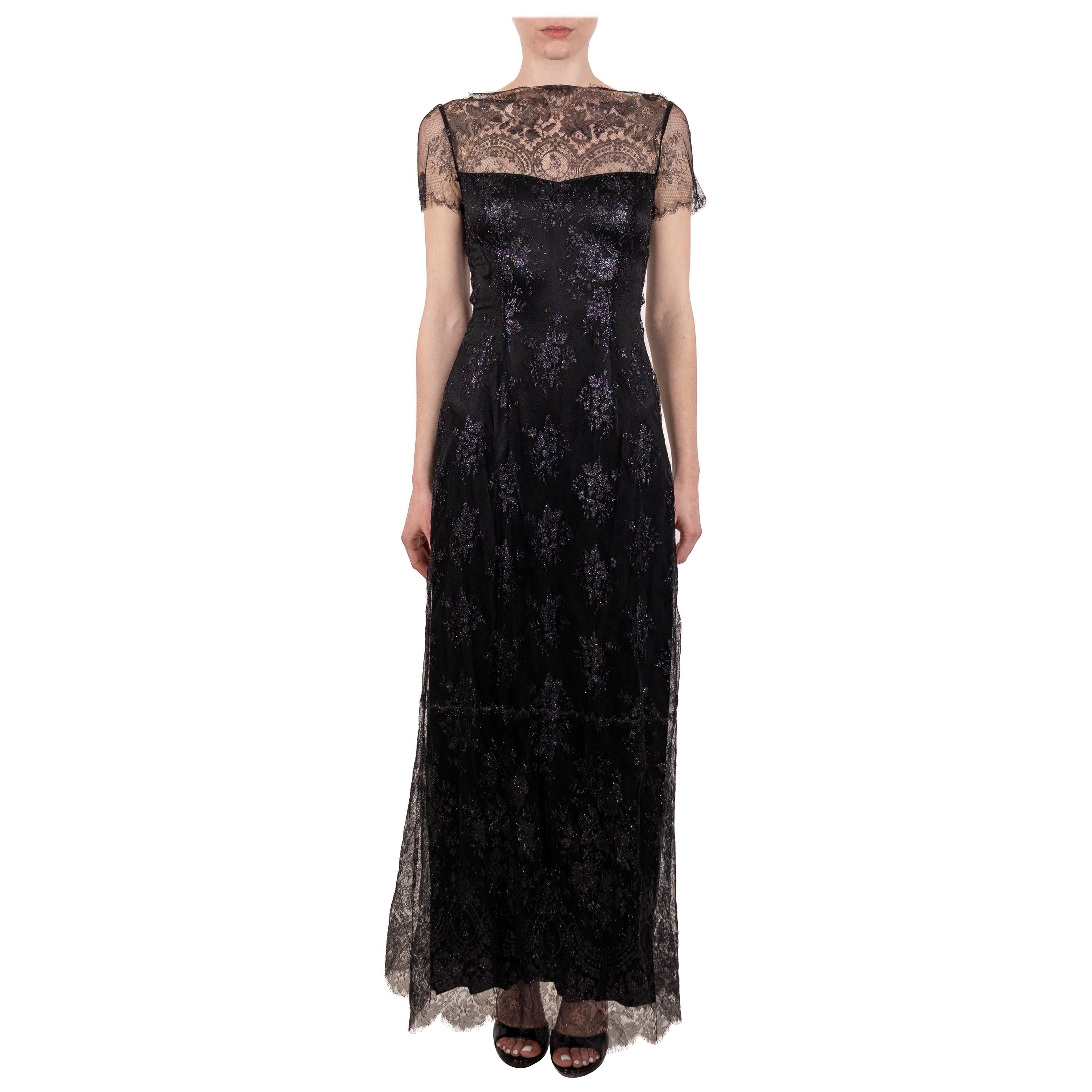 1990S Metallic Black Rayon/Lurex Lace Gown For Sale