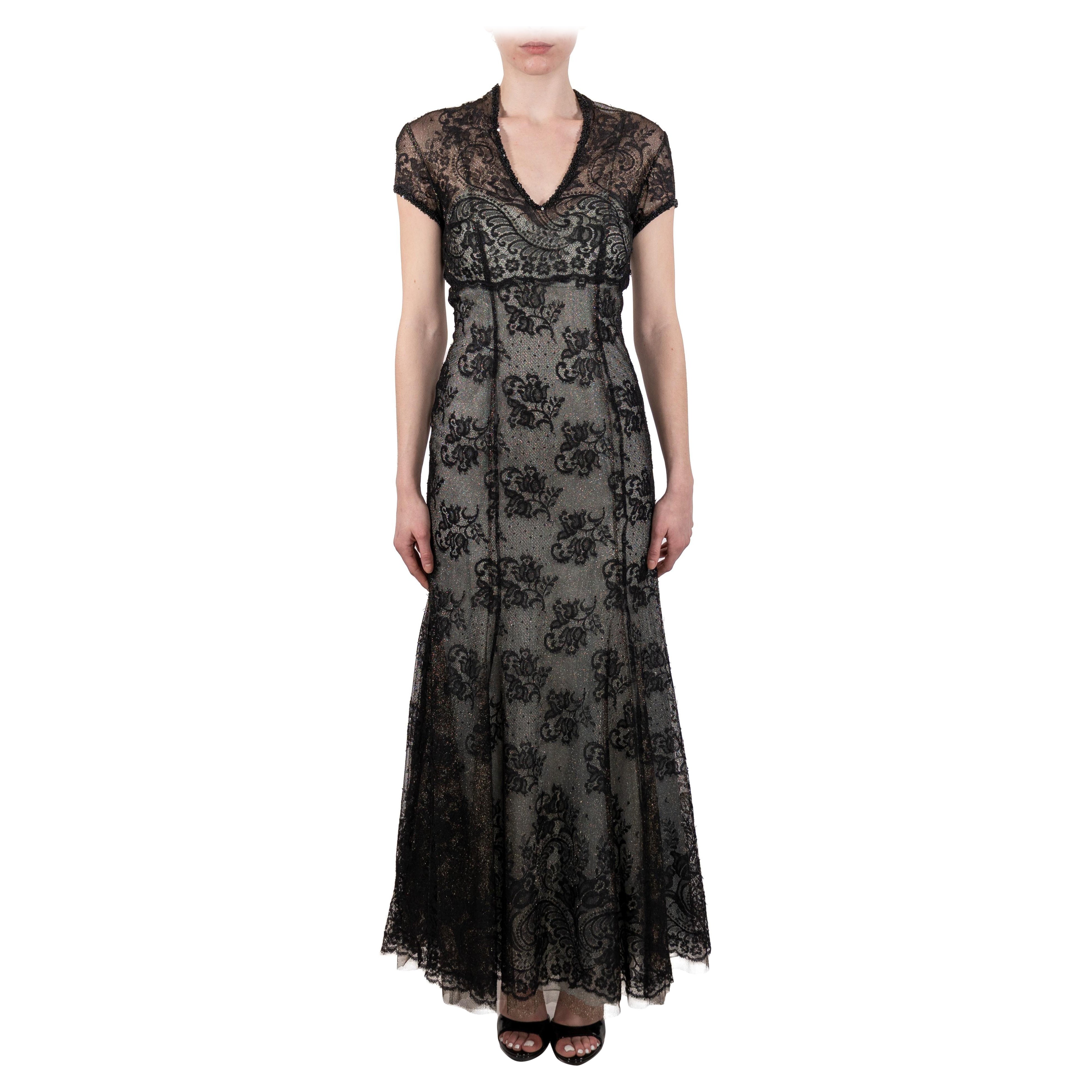 1990S Black Chantilly Lace Short Sleeved Gown For Sale