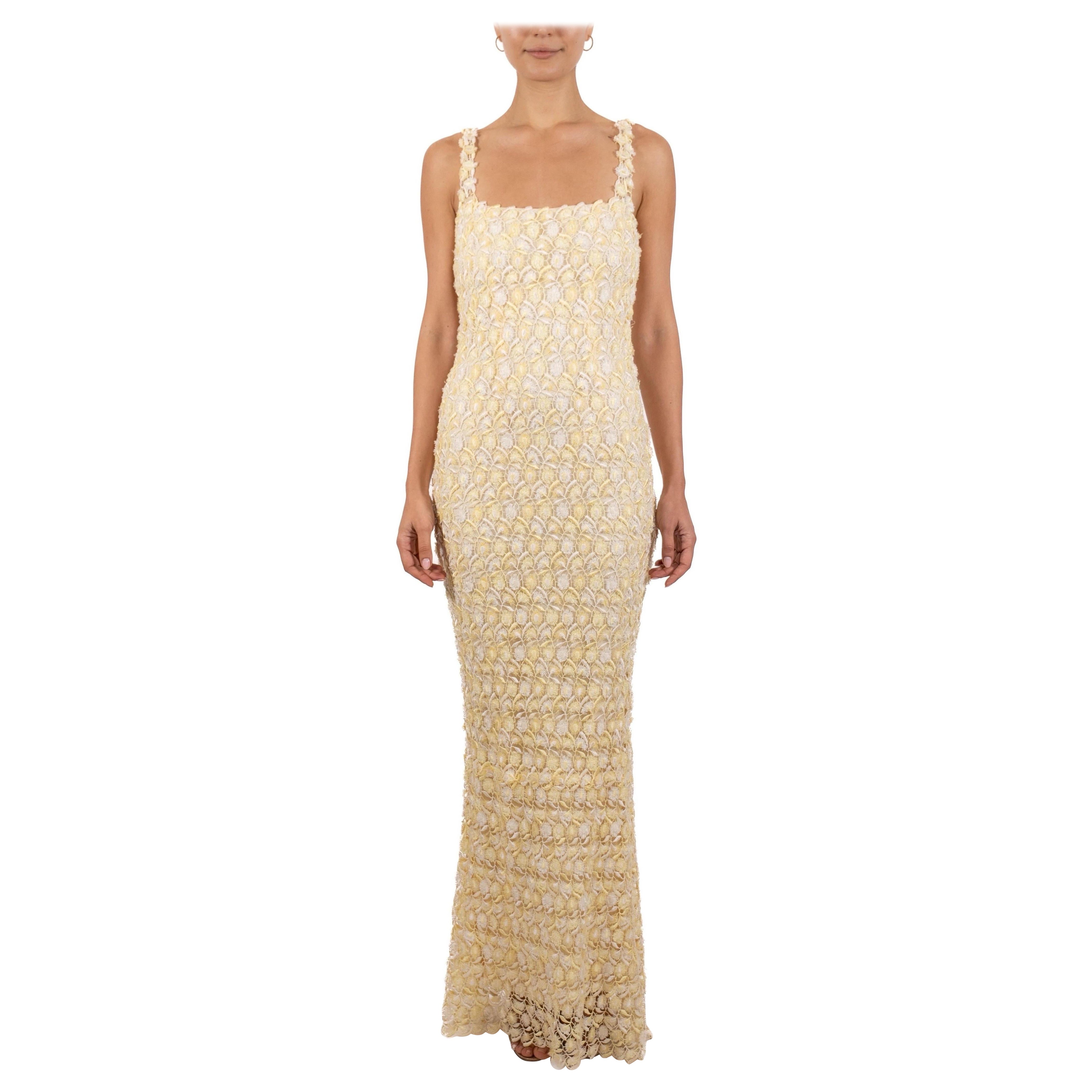 1990S Butter Yellow & White Rayon/Lurex Lace Gown Lined In Silk For Sale