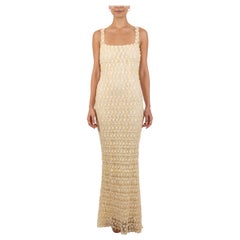 1990S Butter Yellow & White Rayon/Lurex Lace Gown Lined In Silk