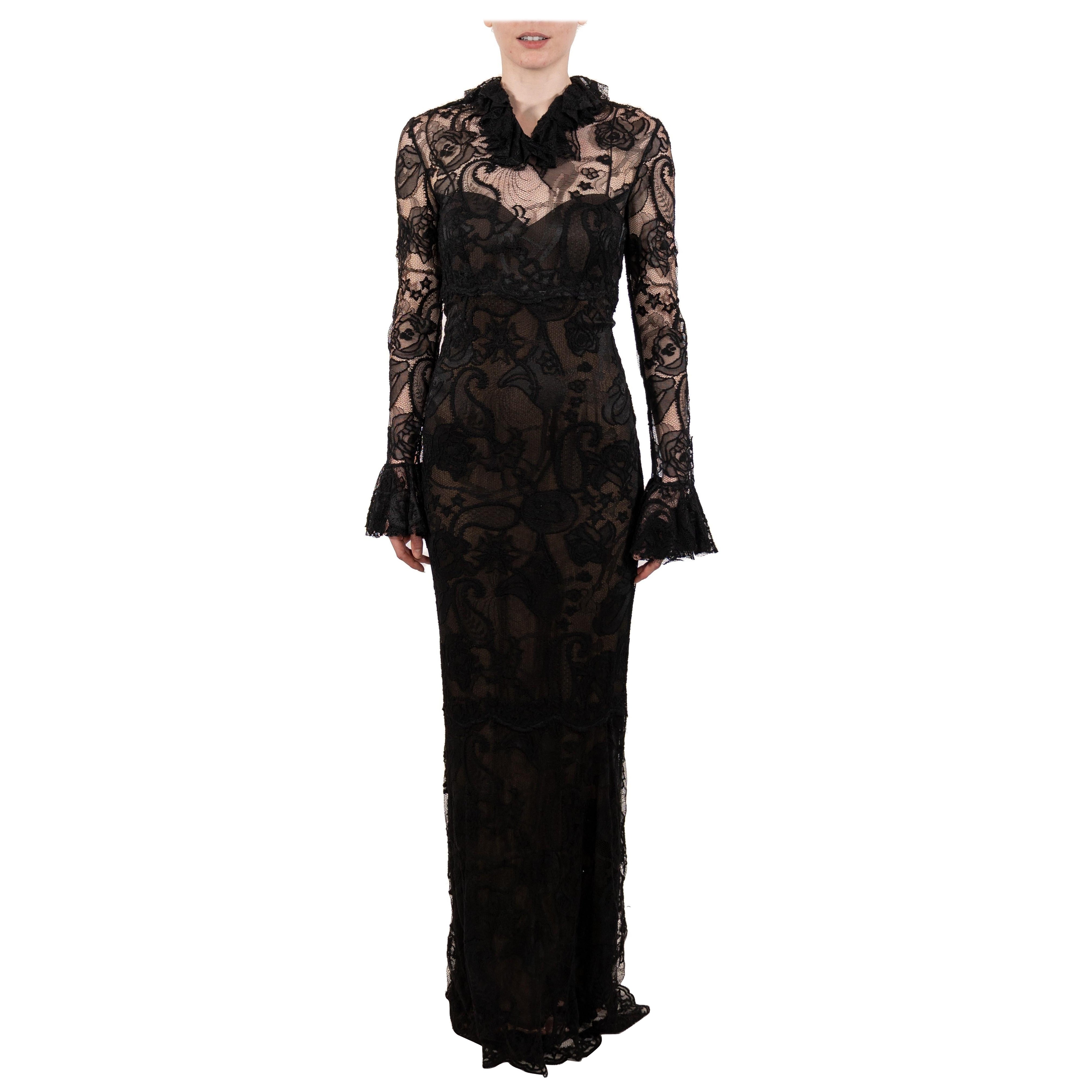 1990S Black Rayon & Nylon Lace Long Sleeved Gothic Gown Lined In Silk For Sale