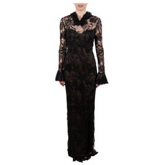 1990S Black Rayon & Nylon Lace Long Sleeved Gothic Gown Lined In Silk