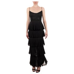 1990S Black Silk Chiffon & Lace Gown With Ruffled Skirt