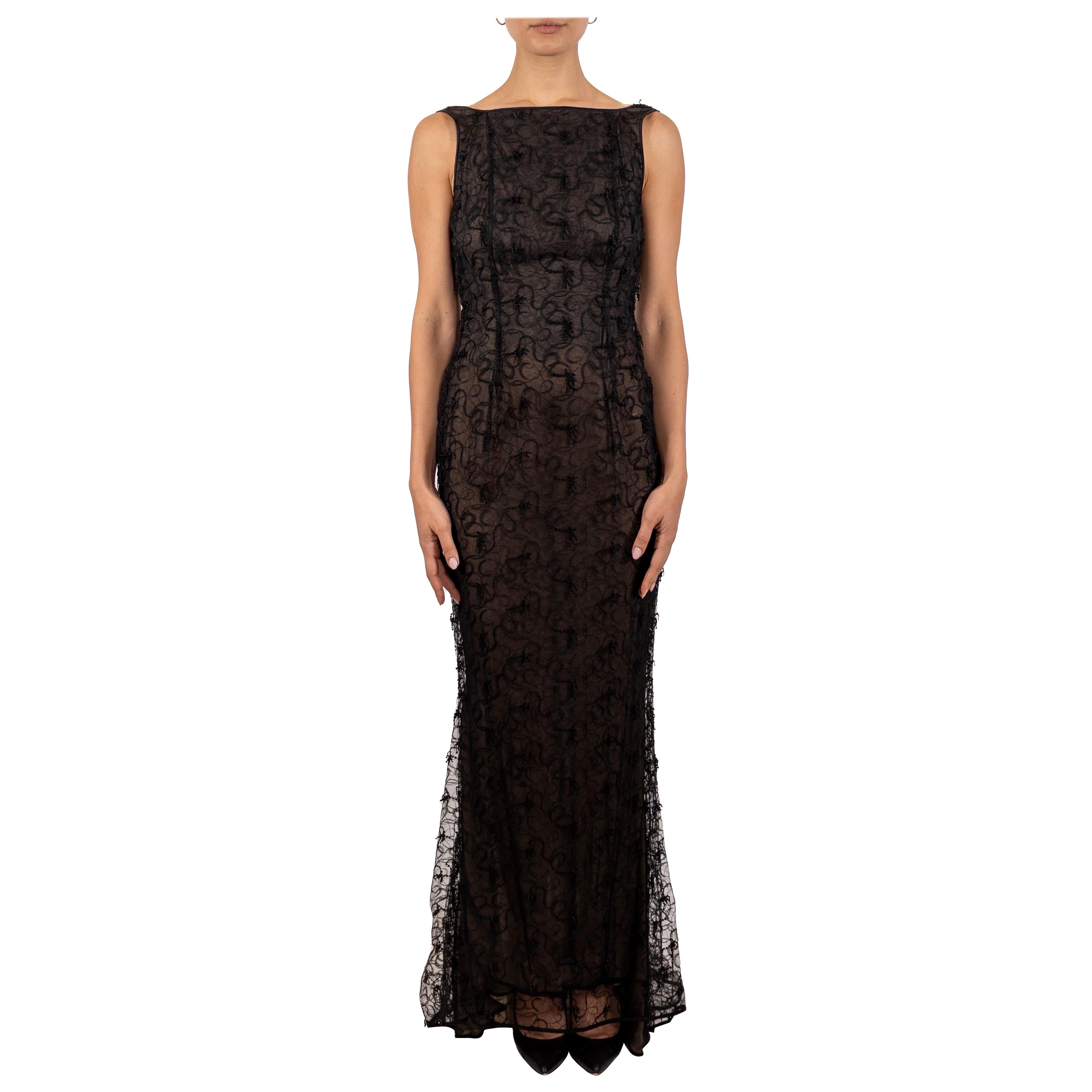 1990S Black Semi-Sheer Silk Lace Low Back Gown With Train For Sale