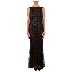1990S Black Semi-Sheer Silk Lace Low Back Gown With Train