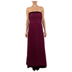1990S Garnet Red Silk Blend Velvet & Dotted Tulle Strapless Gown