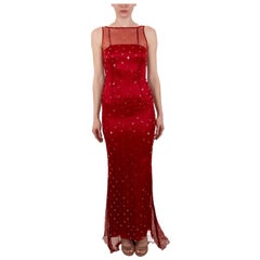 1990S Tomato Red Semi-Sheer Silk Chiffon Boat-Neck Sequined Gown