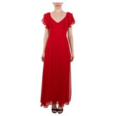 1990S Tomato Red Silk Chiffon Ruffled Gown