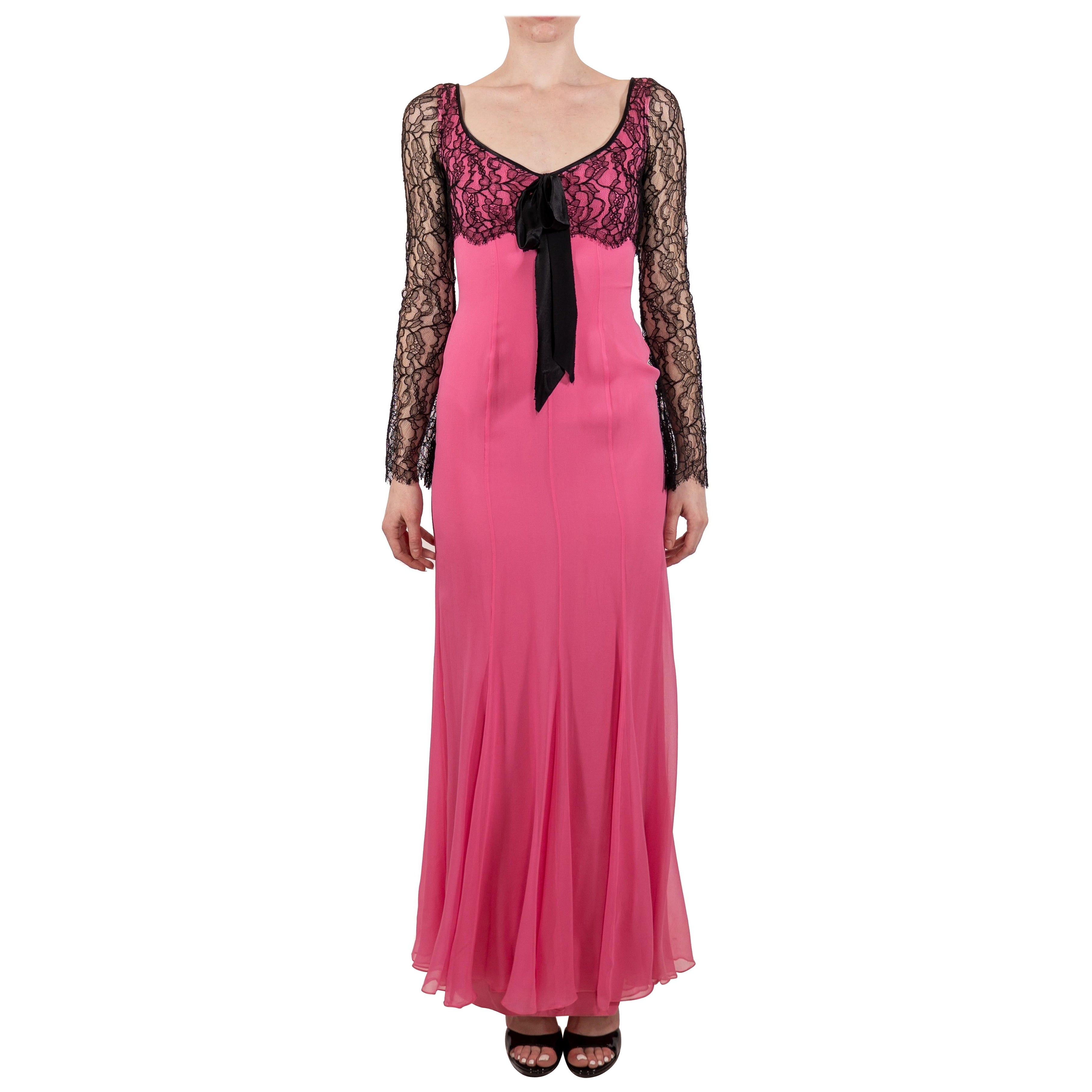 1990S Hot Pink & Black Silk Chiffon Lace Long Sleeve Gown For Sale