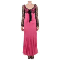 1990S Hot Pink & Black Silk Chiffon Lace Long Sleeve Gown