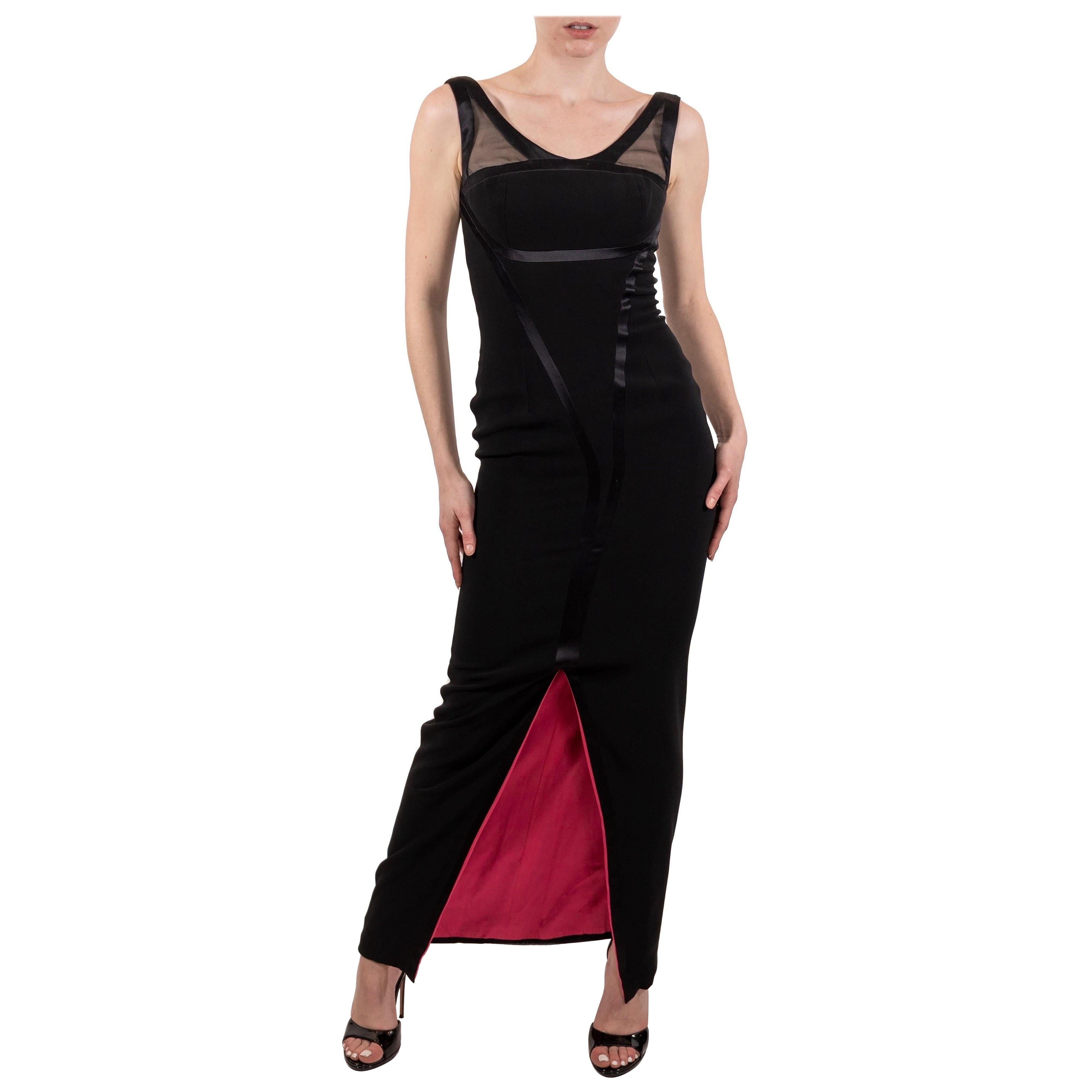 1990S Black Silk Faille Deco Seamed Gown Lined In Hot Pink Satin For Sale