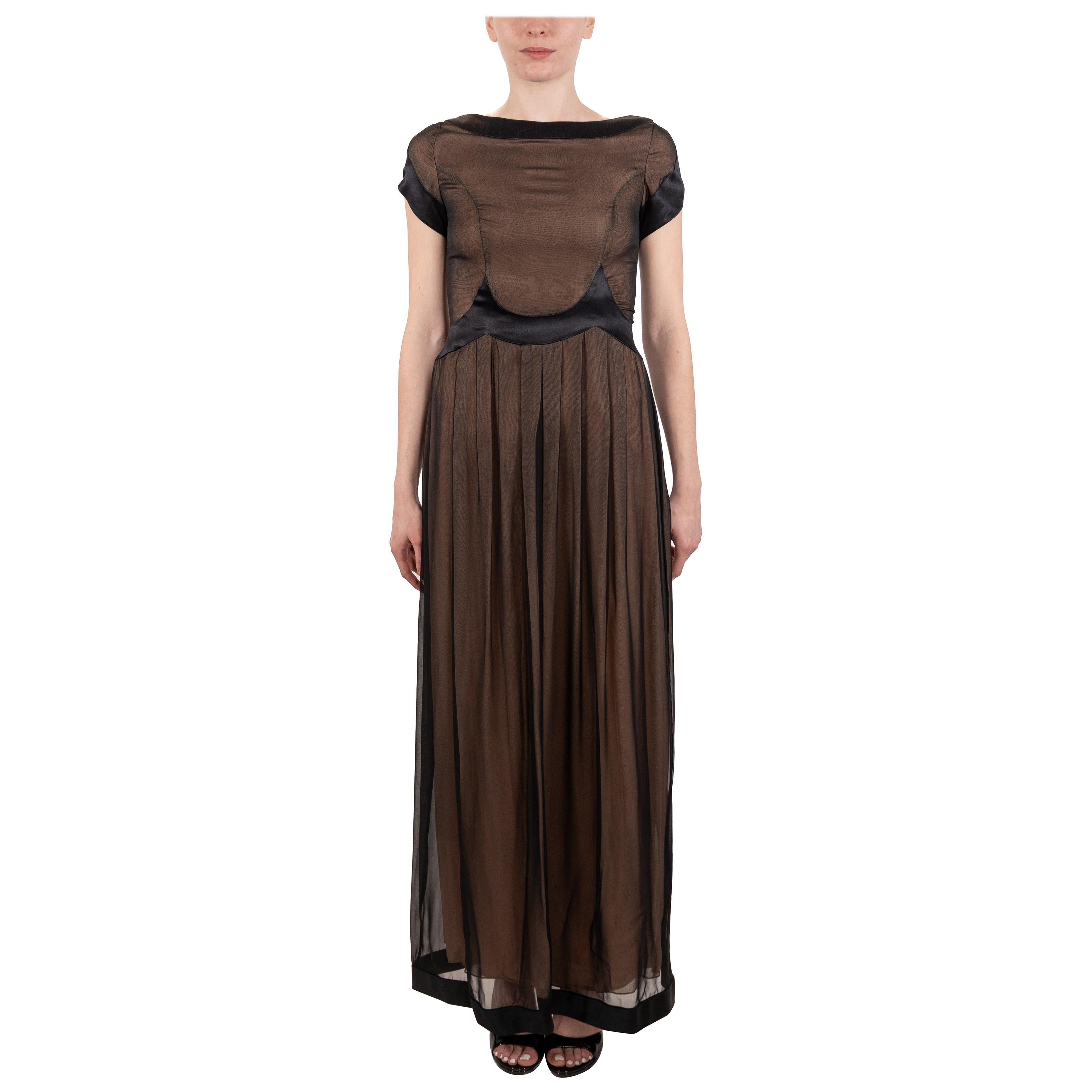 1990S Black Semi-Sheer Silk Chiffon & Satin 1940S Style Gown For Sale