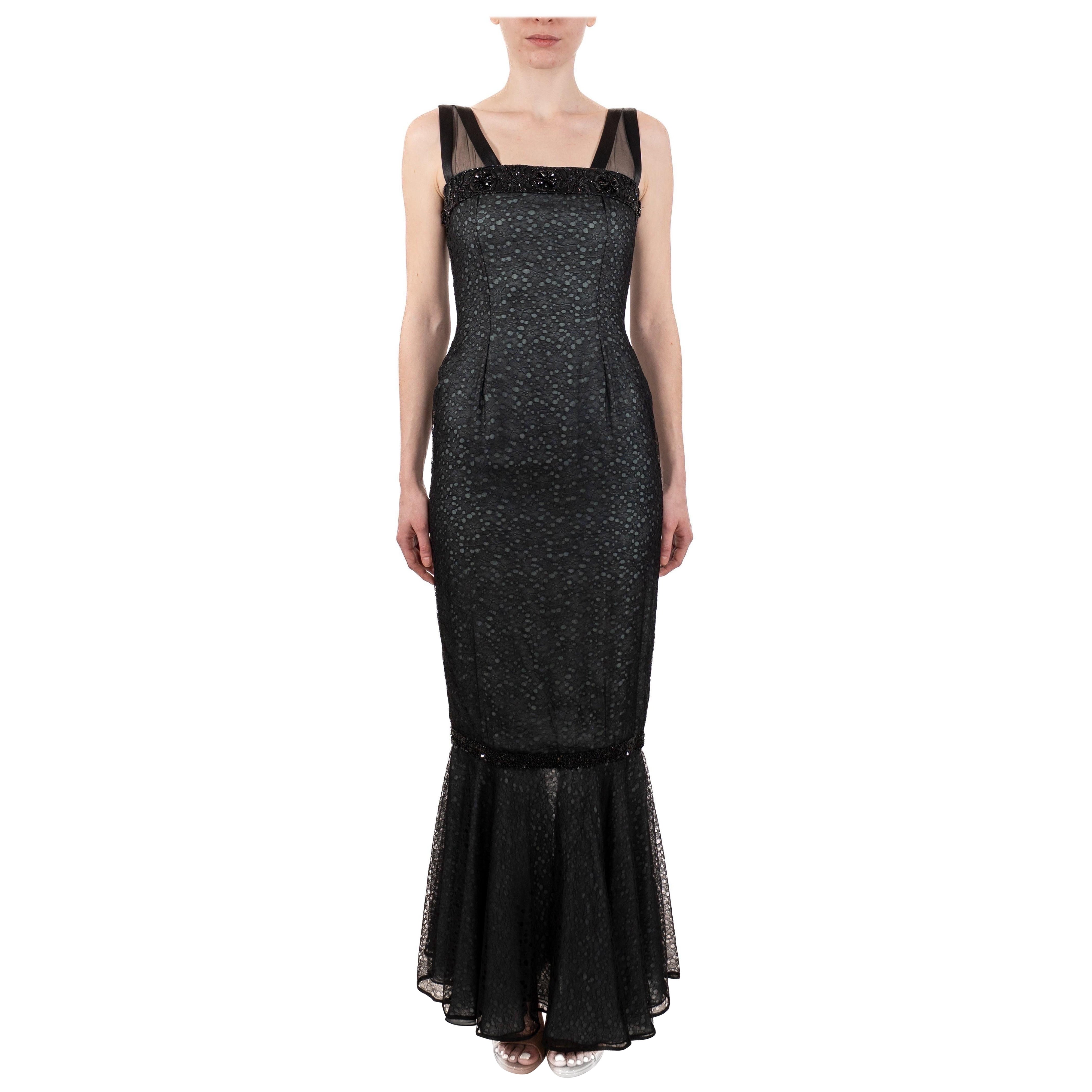 1990S Black Rayon & Silk Lace Gown Underlined In Aqua Blue For Sale