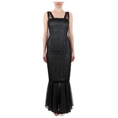 1990S Black Rayon & Silk Lace Gown Underlined In Aqua Blue