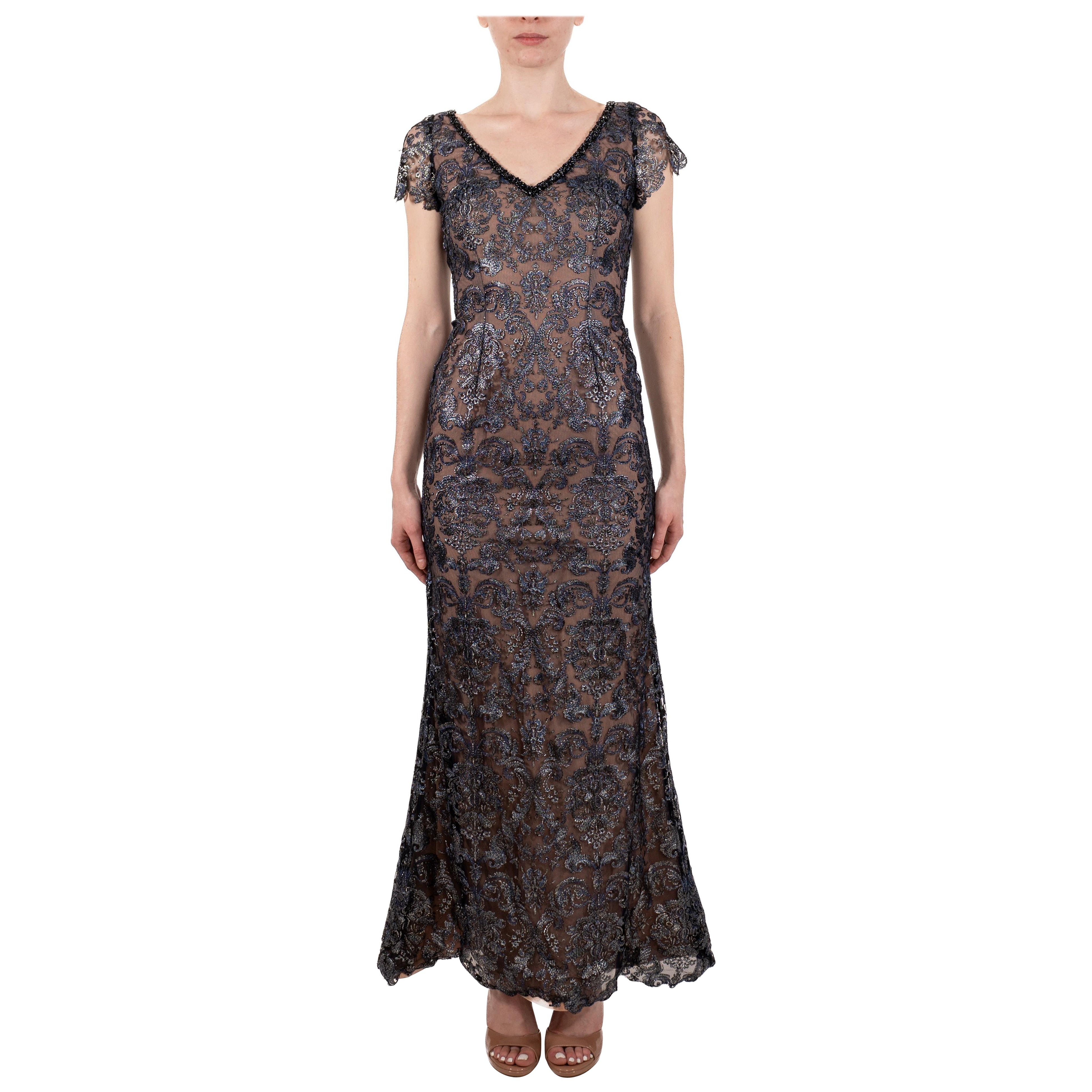 1990S Navy Blue Metallic Rayon & Silk Lace Gown With Short Sleeves For Sale