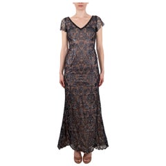 1990S Abito in pizzo blu navy metallizzato in rayon e seta con maniche corte