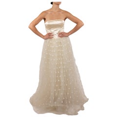 1990S Pearl White Strapless Silk Duchess Satin Gown With Floral Covered Tulle S