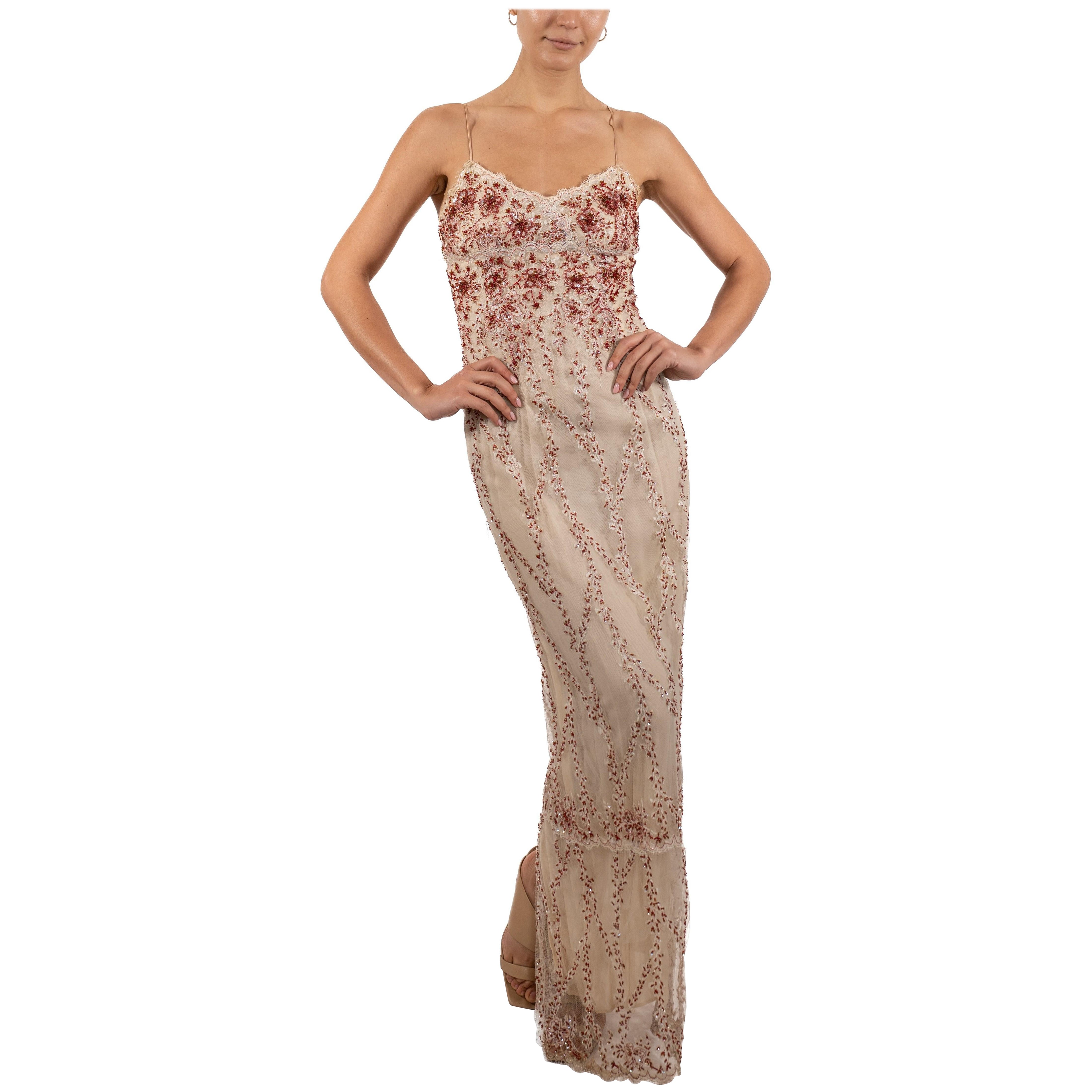 1990S Pearl White & Red Silk Beaded Lace Gown For Sale