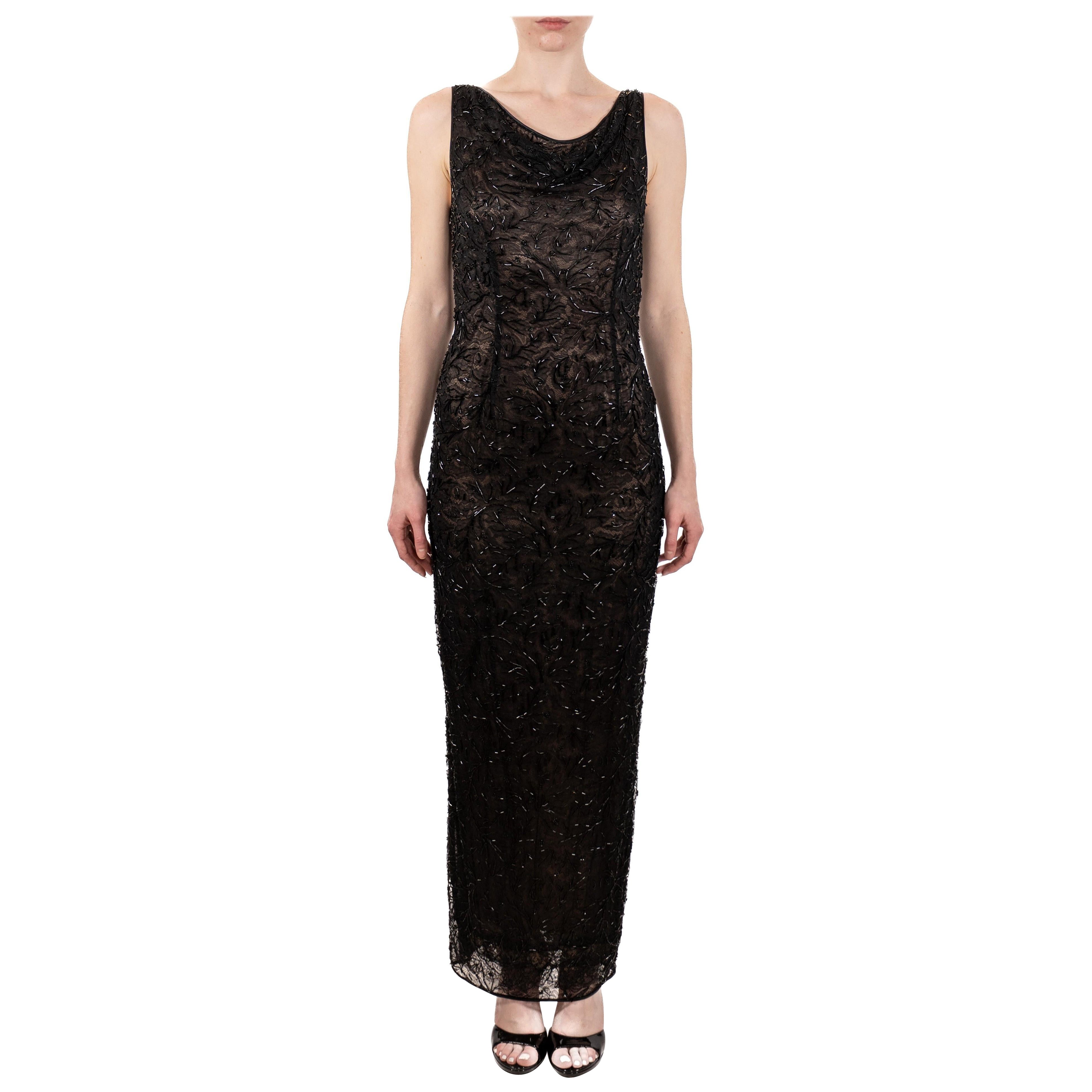 1990S Black Semi-Sheer Silk Beaded Lace Gown For Sale