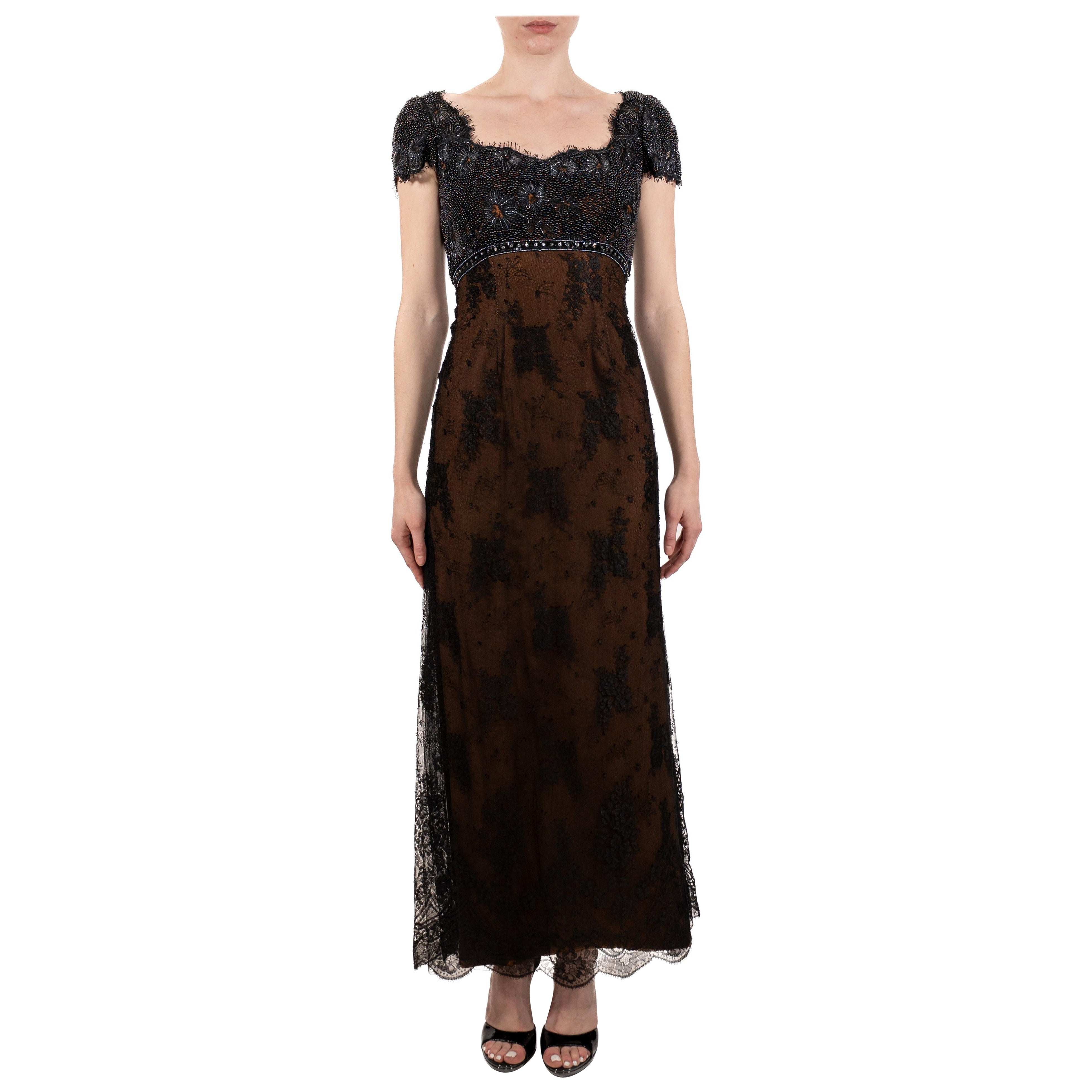 1990S Black Beaded Silk & Lace Edwardian Titanic Inspired Empire Waist Gown Wit For Sale