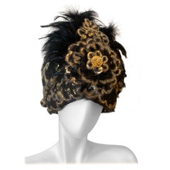 Custom-Made Gold Lame & Black Mohair Boucle Turban w Feather Spray & Hat Pin