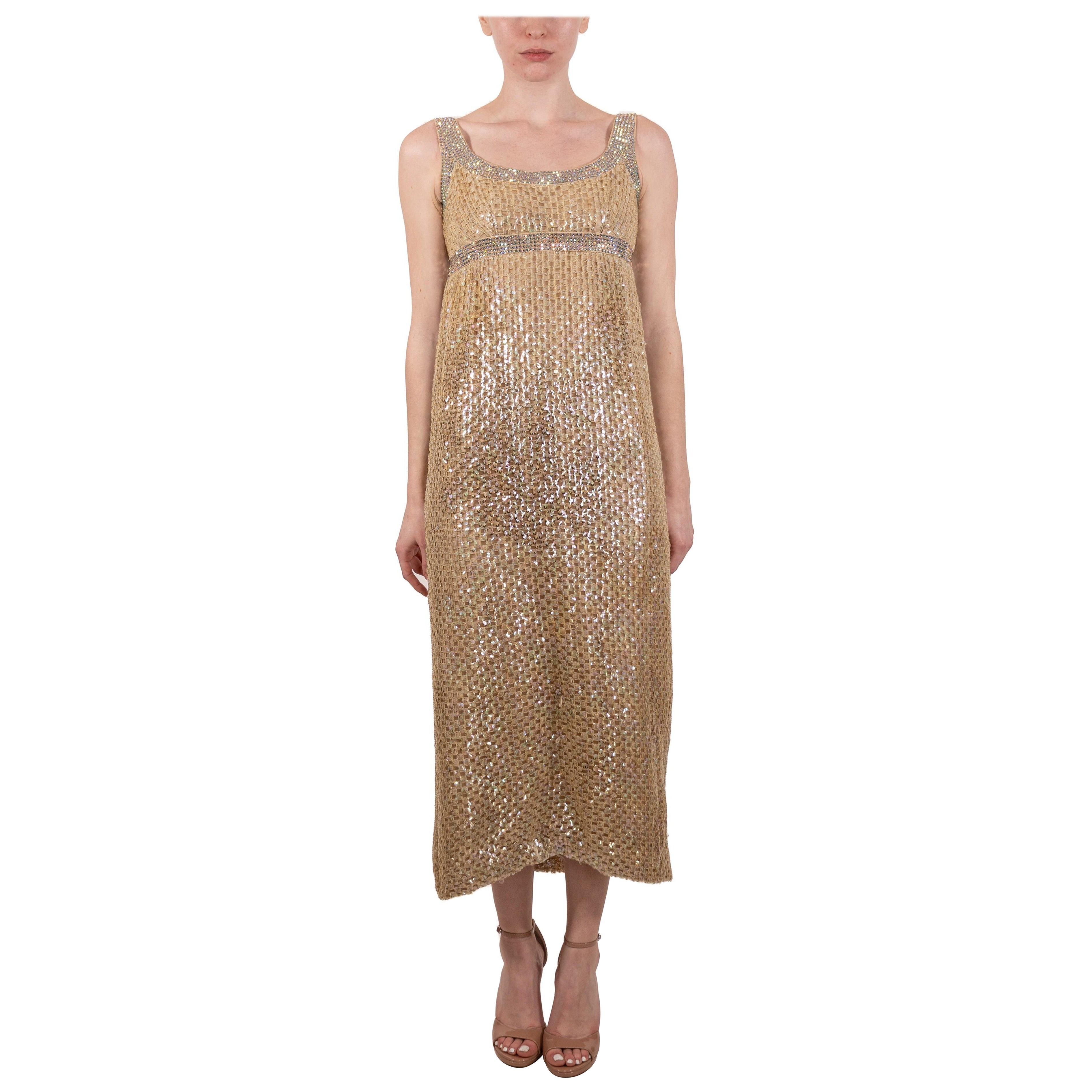 Pat Sandler - Robe empire avec filet de rayonne mélangé écru métallisé et sequins, années 1960