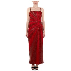 1990S Cherry Red Rayon & Silk Chiffon Fully Beaded Versace Style Backless Gown