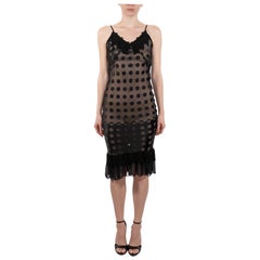 1990S Black Polka Dot Rayon Blend Burnout Chiffon Slip Dress With Lace
