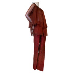 Custom-Made Pant - Blouse - Turban Ensemble in Scarlet Silk Brocade & Chiffon