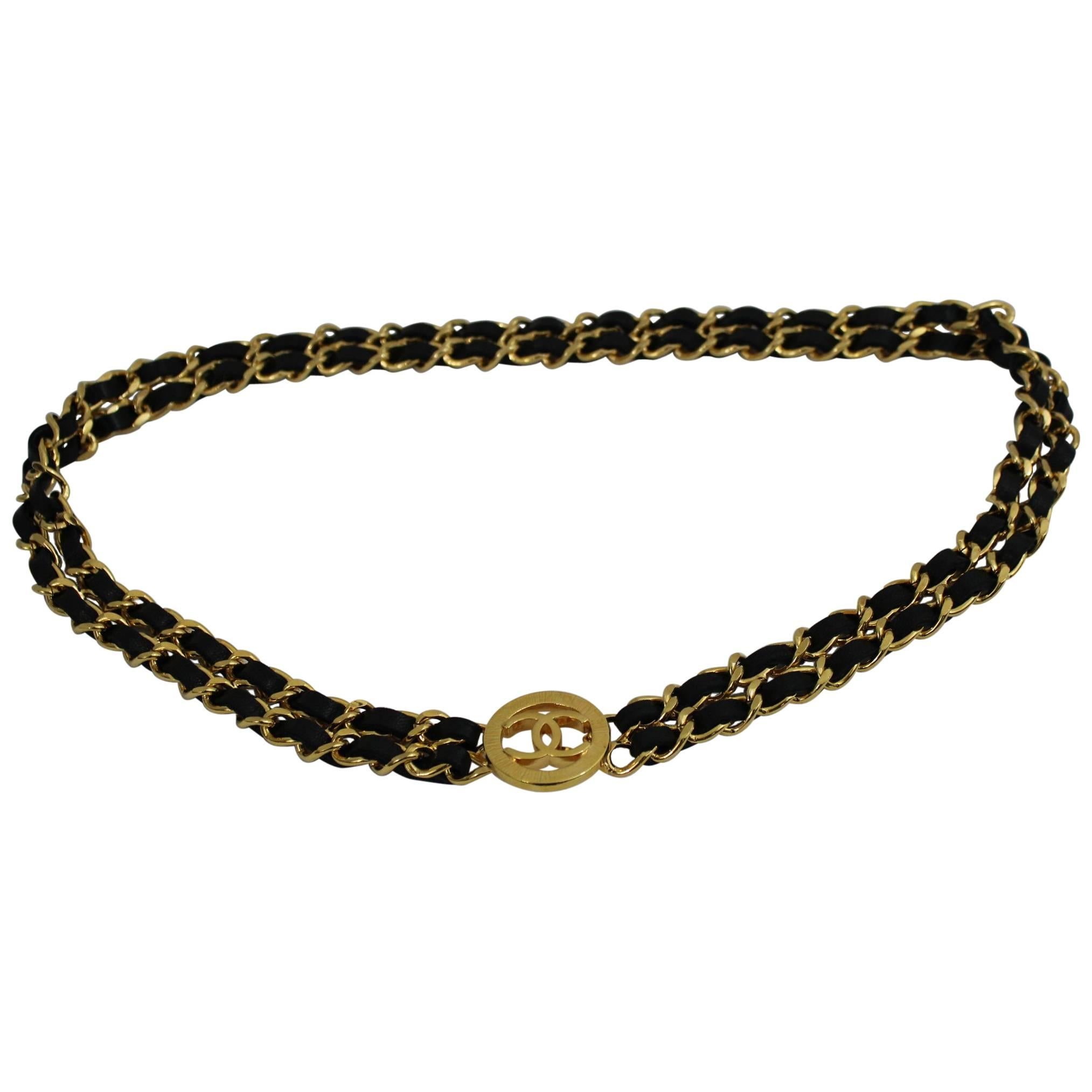 Vintage Chanel  Golden metal and Black Leather Chain Belt