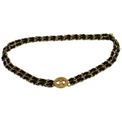 Vintage Chanel  Golden metal and Black Leather Chain Belt