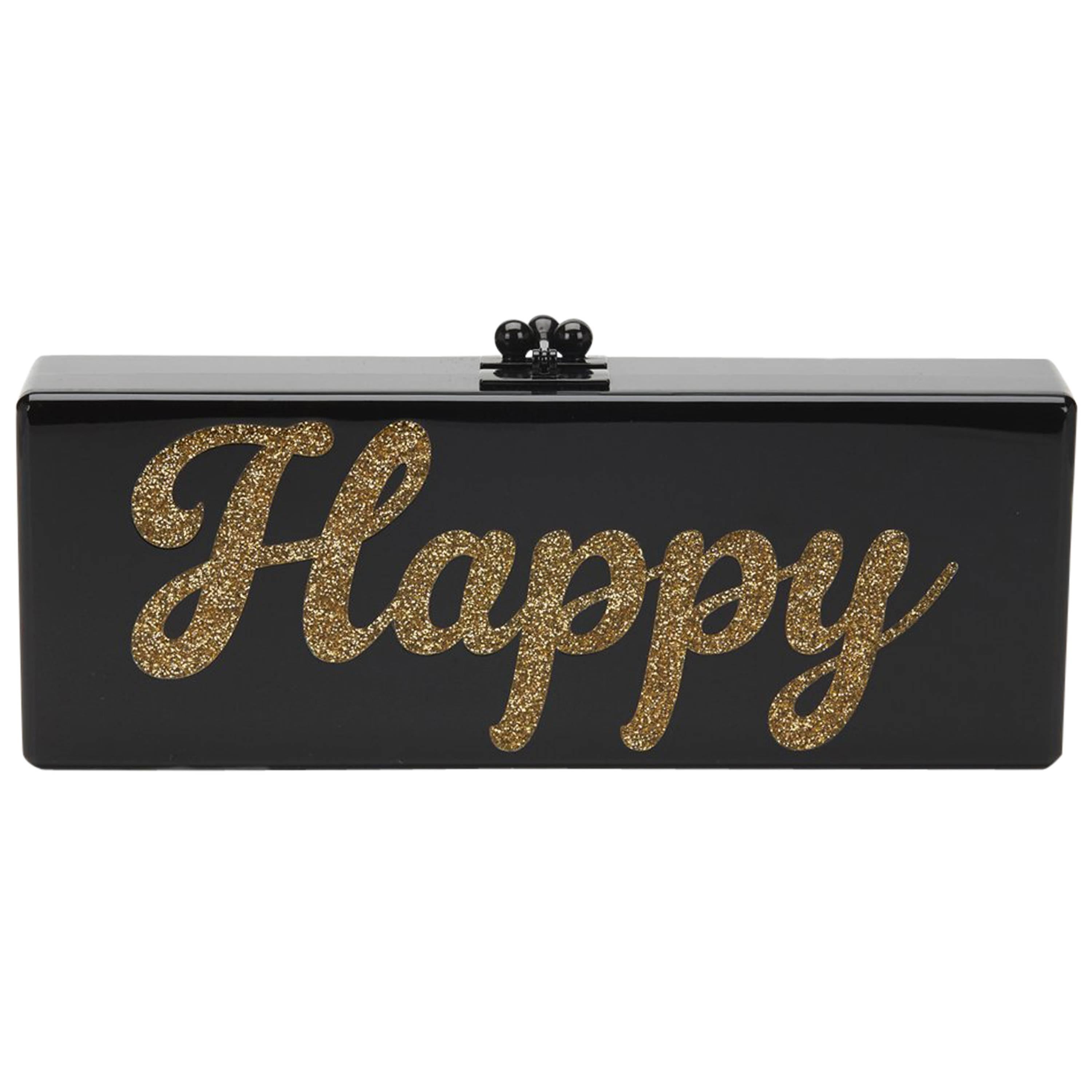 2015 Edie Parker Black Glittered Acrylic Happy Box Clutch