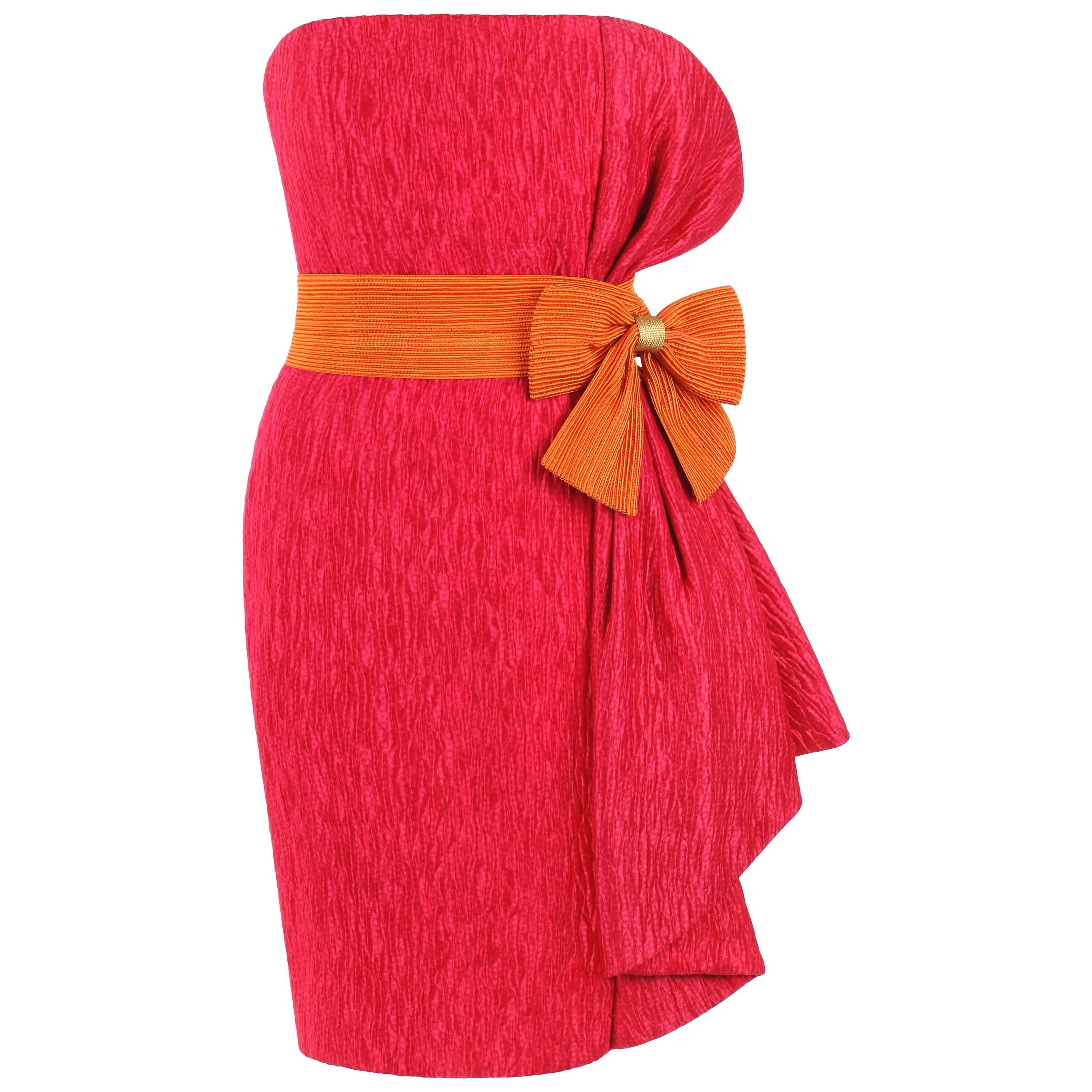 PIERRE BALMAIN c.1980's Bright Pink Silk Strapless Orange Belted Cocktail Dress For Sale