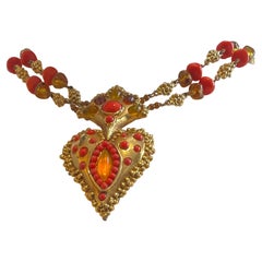 CHRISTIAN LACROIX Vintage Couture Orange Coral Beads Heart Necklace C.1990s