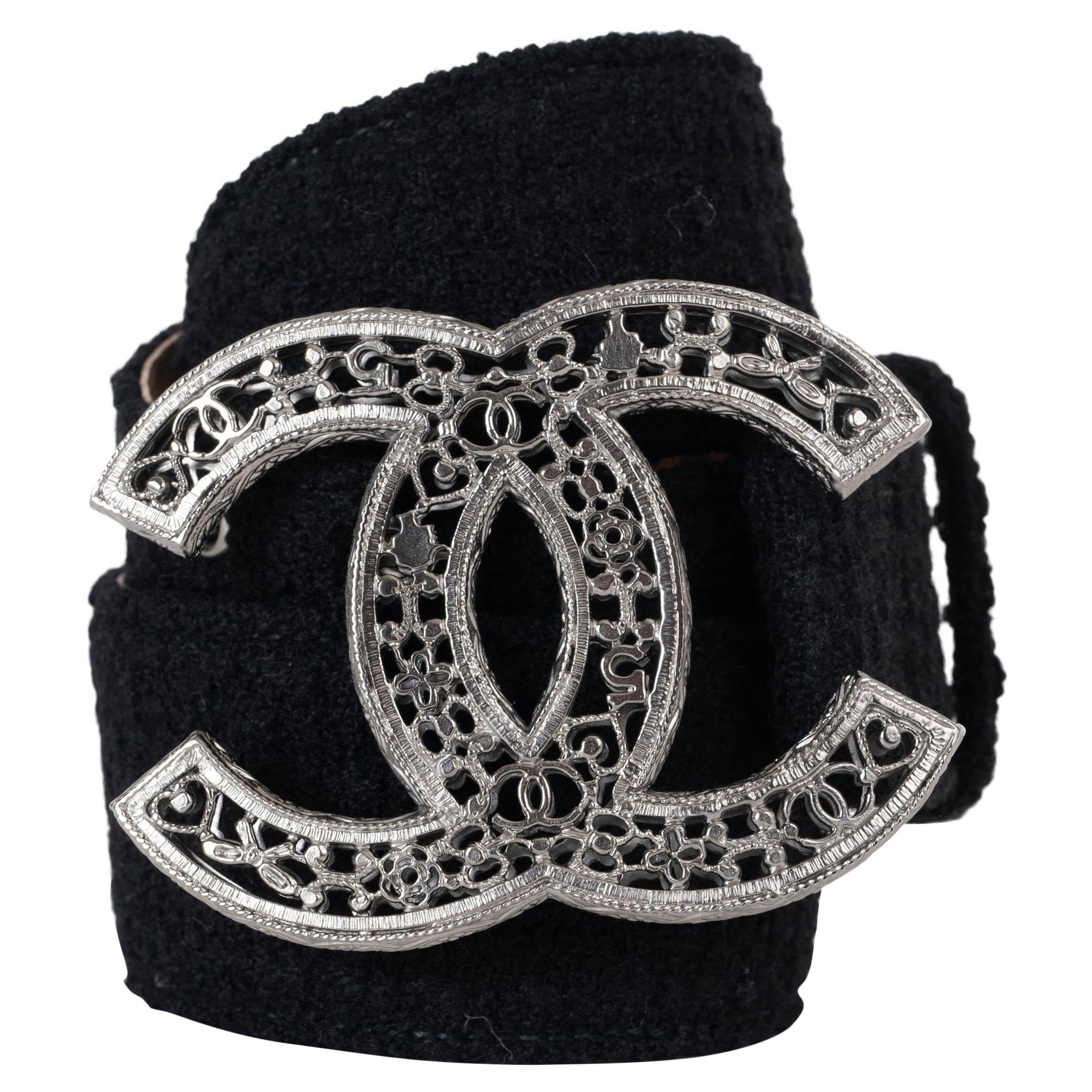 CHANEL black 08A LONDON CC FILIGREE TWEED Waist Belt 38