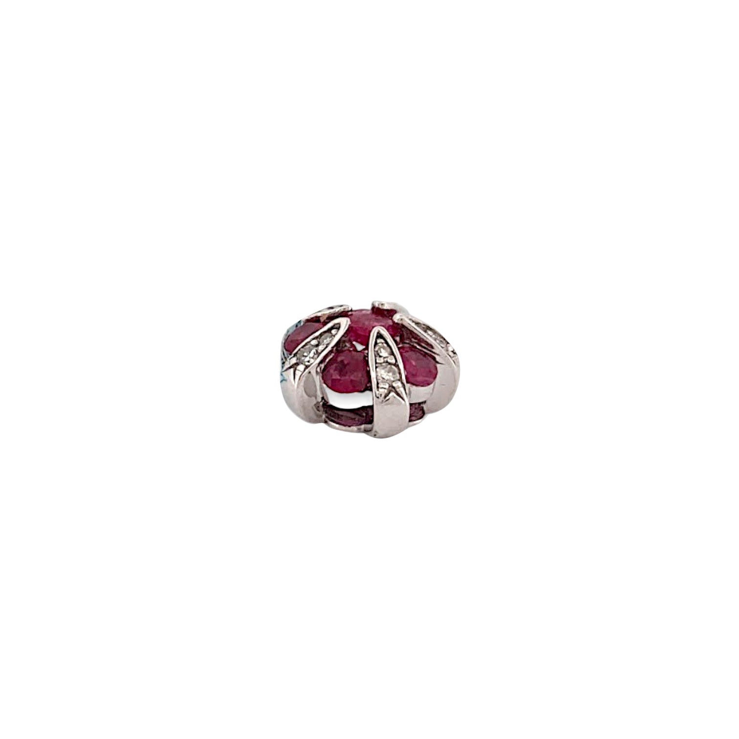 The Doris Necklace is an exquisite display of elegance, crafted in radiant 14k white gold and set with six vibrant natural rubies totaling .11 carats and five sparkling natural diamonds at .015 carats each. This necklace offers a perfect blend of