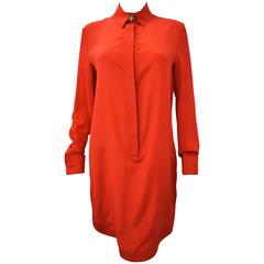 Givenchy Red Sheer Silk Shirt Dress with gold metal claw clasp at neck 