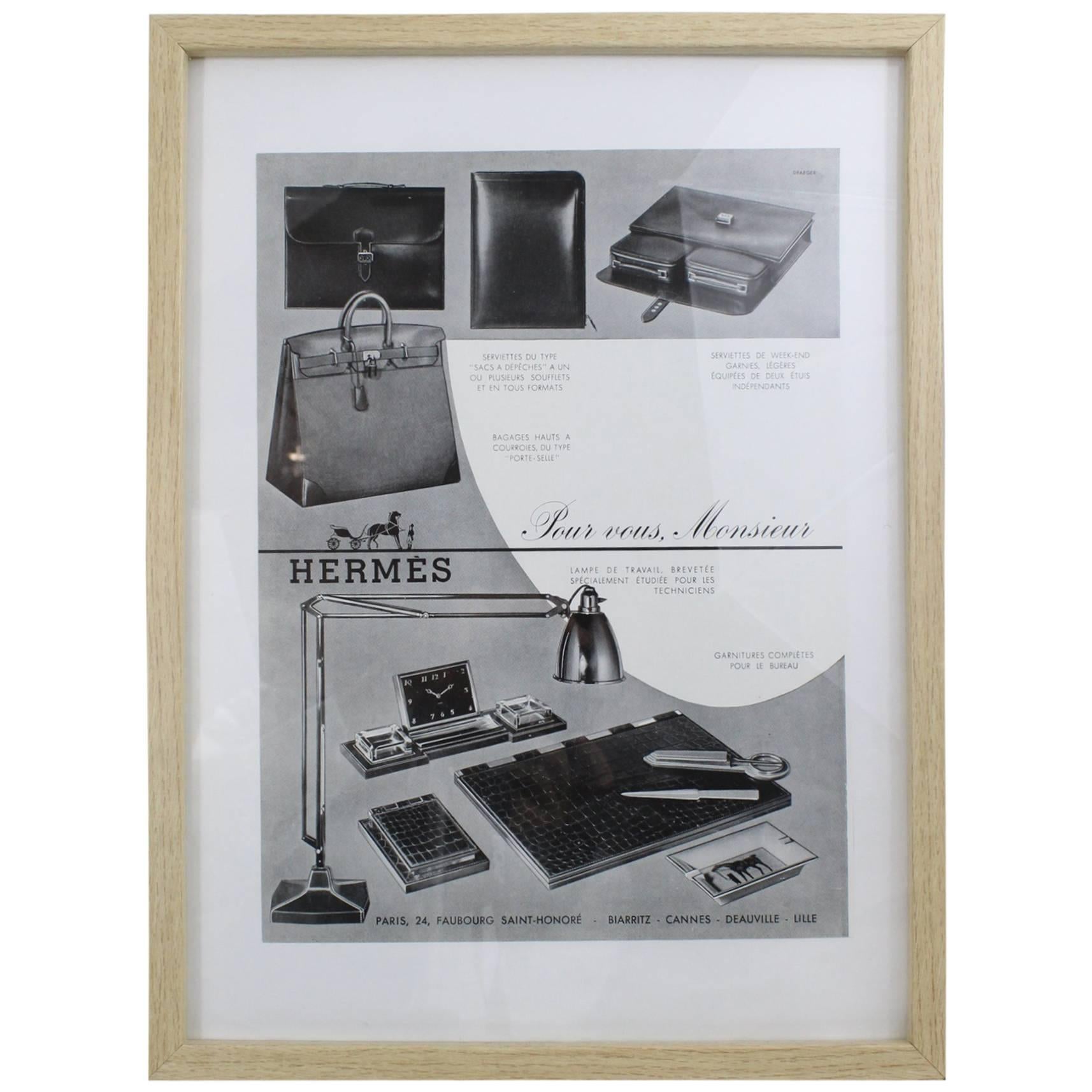 Vintage Rare Hermes Ad Printing "For you Gentleman" with Frame