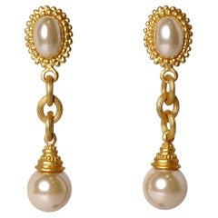 1980 Tiffany Inspired 18k Gold Plated Costume Pearl Drop Clip-On Earrings