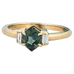 Lillian  14K Gold Green Sapphire Ring, Diamond Accent Band, Engagement Ring