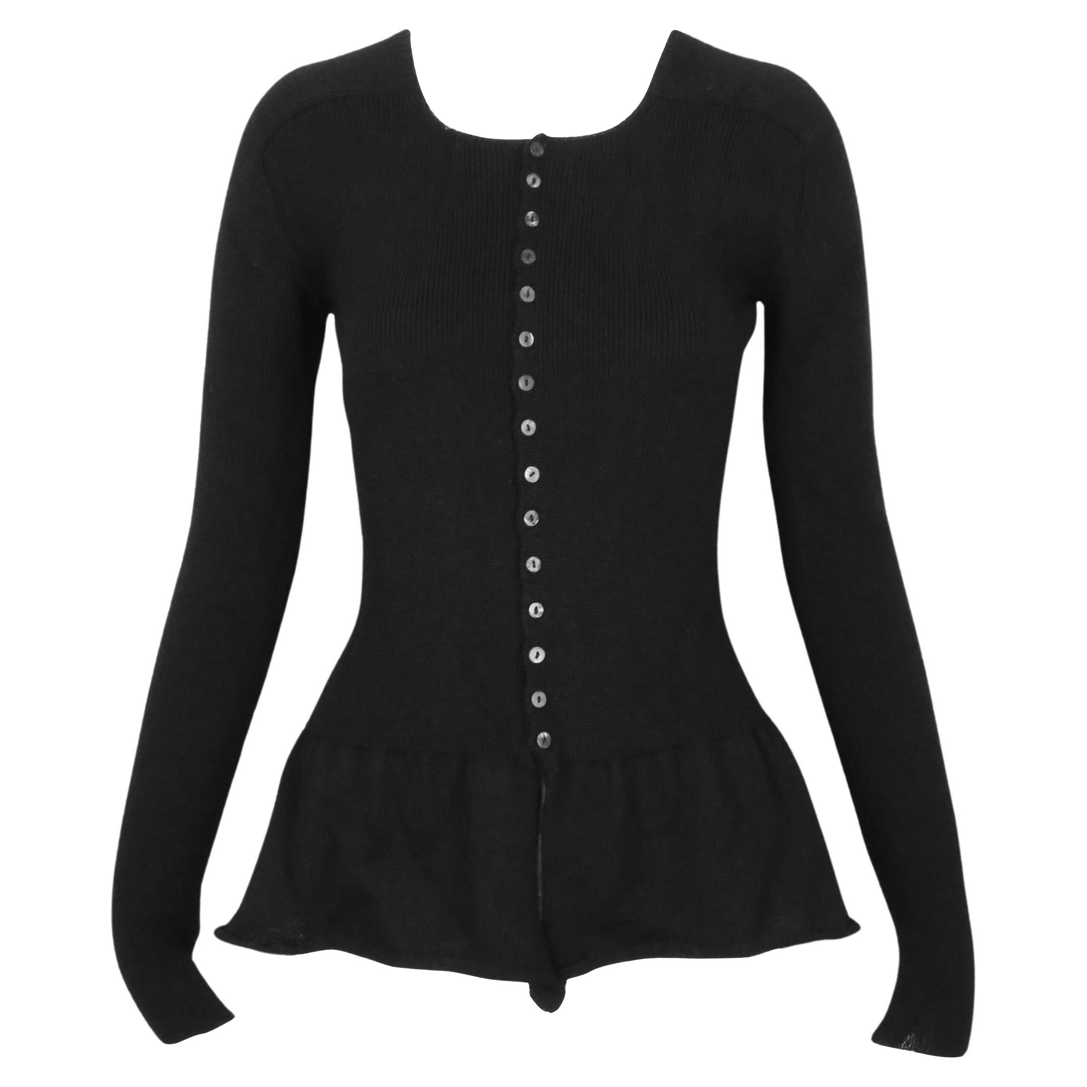 1993 YOHJI YAMAMOTO black wool cardigan sweater with peplum For Sale