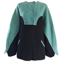 Vintage Geoffrey Beene 80s Blue Black Boiled Wool Avant Garde Swing Jacket Coat 