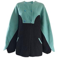Vintage Geoffrey Beene Blue + Black Boiled Wool Avant Garde Swing Jacket Coat 1