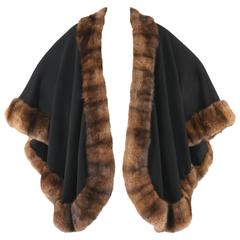 RANDOLPH DUKE Black Cashmere Cape Natural Brown Sable Fur Trimmed Shawl Wrap