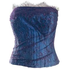 Gorgeous 1950s Purple + Blue Silk Lace Vintage 50s Bustier Corset Top Blouse 1