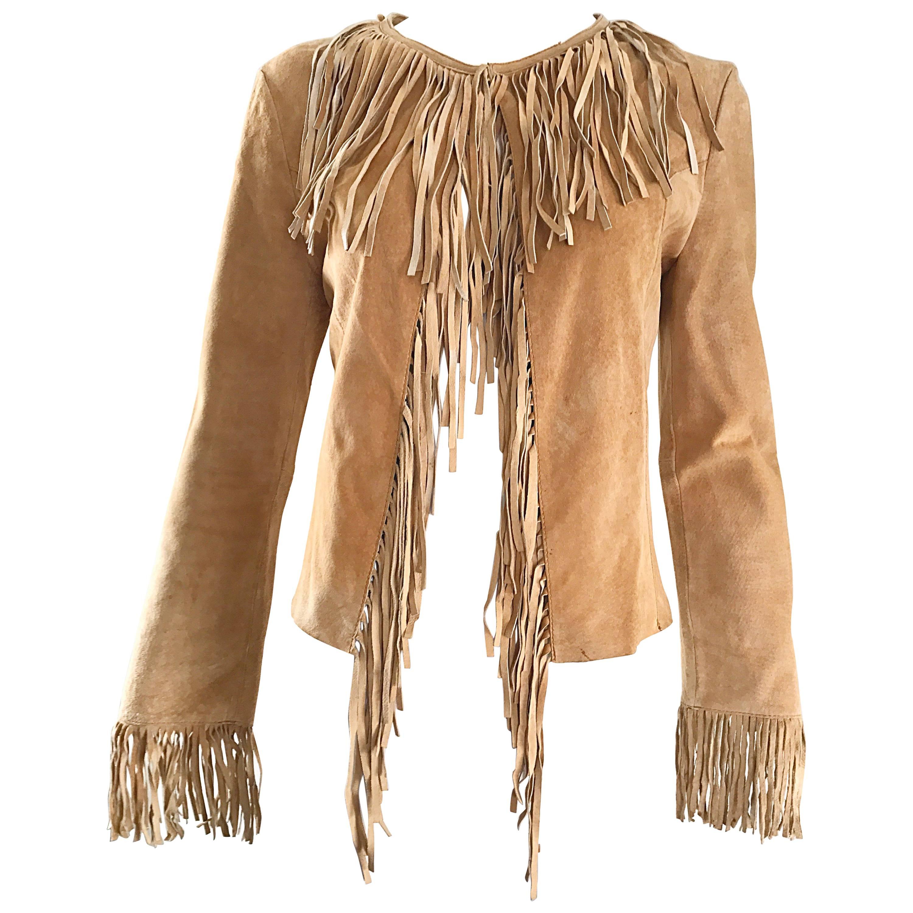 Amazing 1970s Tan Suede Leather Fringe Vintage 70s Light Brown Boho Jacket