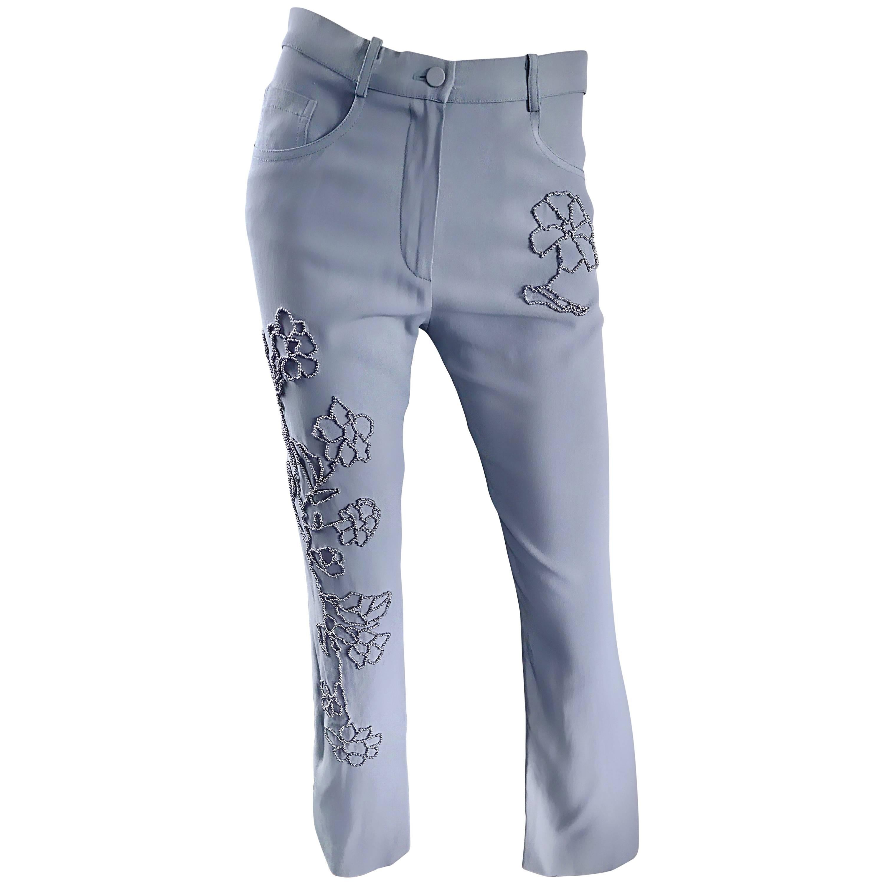 Vintage Sonia Rykiel 1990s Pale Blue Silver Beaded High Waisted Slim Pants Sz 38 For Sale